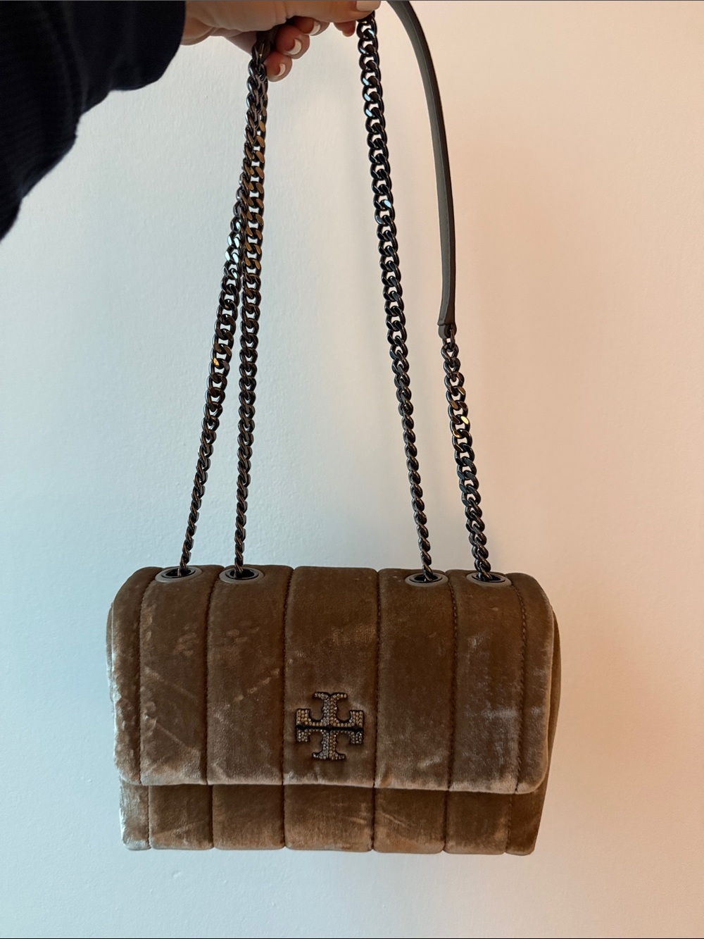 Tory Burch Quilted Velvet Crossbody Bag in Beige with Silver Hardware